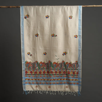 Beige - Madhubani Handpainted Tussar Cotton Handloom Dupatta 07