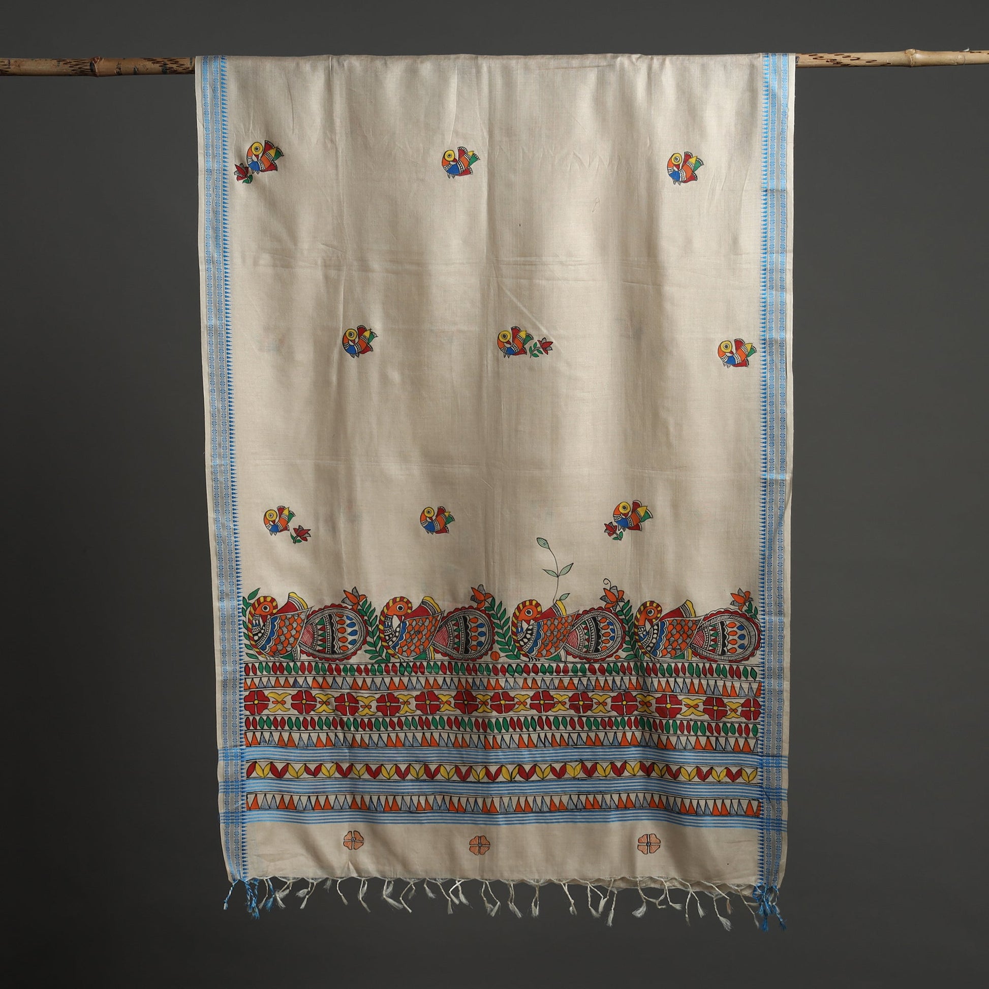 Beige - Madhubani Handpainted Tussar Cotton Handloom Dupatta 07