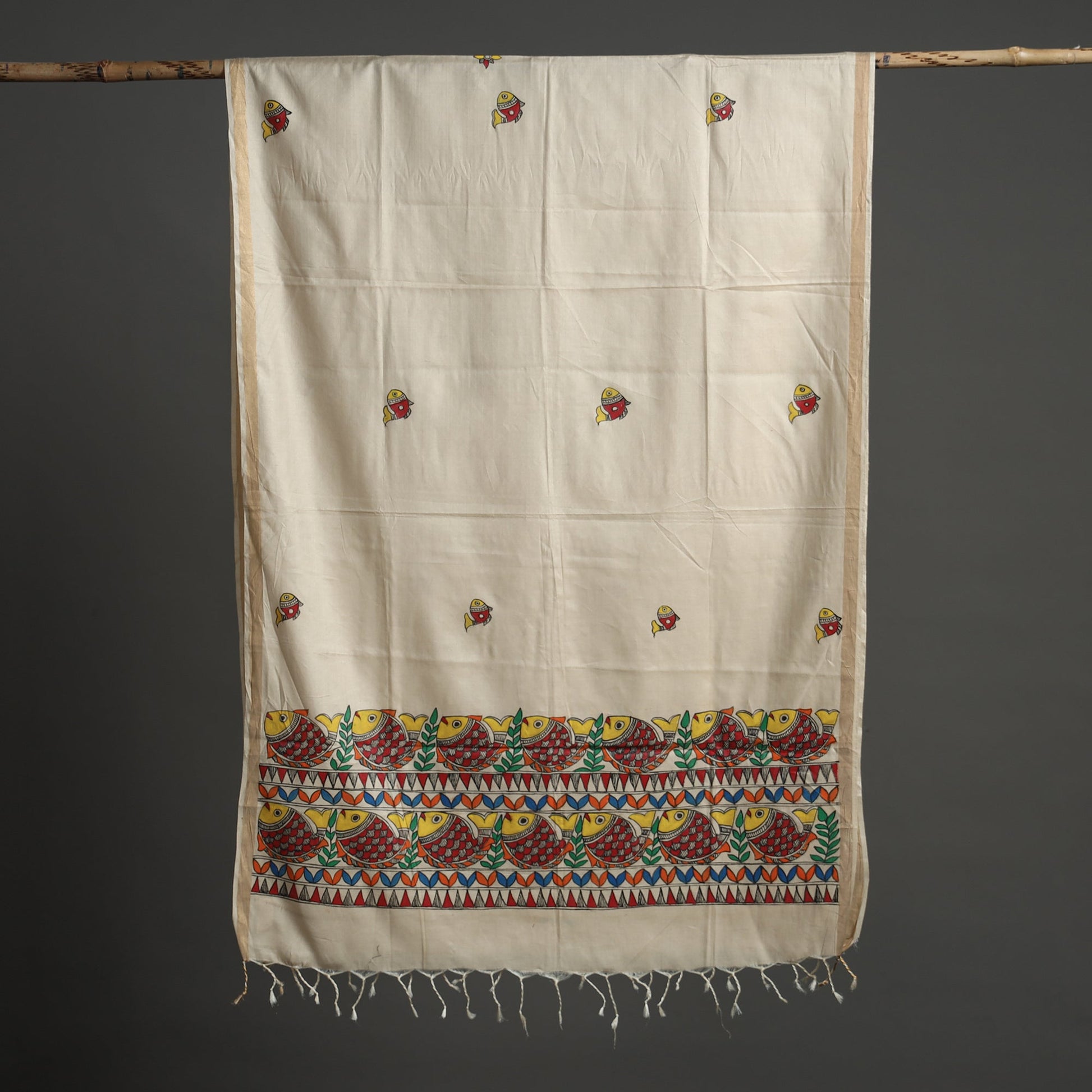 Beige - Handpainted Tussar Cotton Handloom Madhubani Dupatta 06