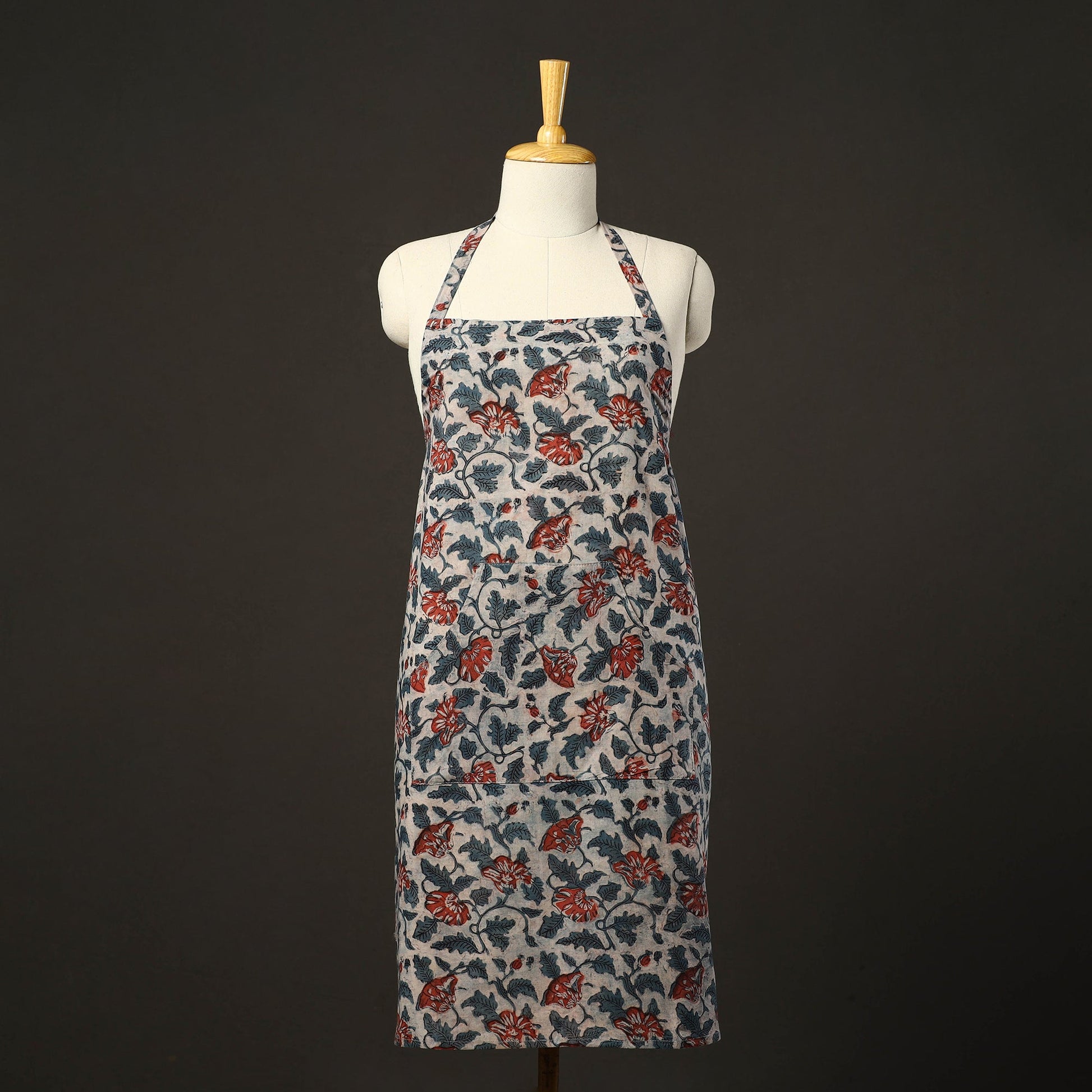 Beige - Bagru Block Print Cotton Apron with Pocket 21