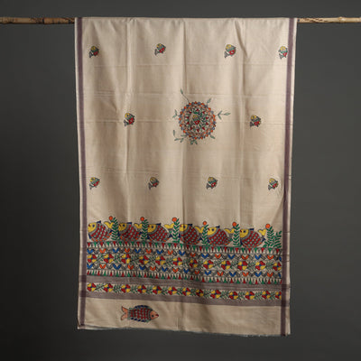Beige - Madhubani Handpainted Tussar Cotton Handloom  Dupatta 05
