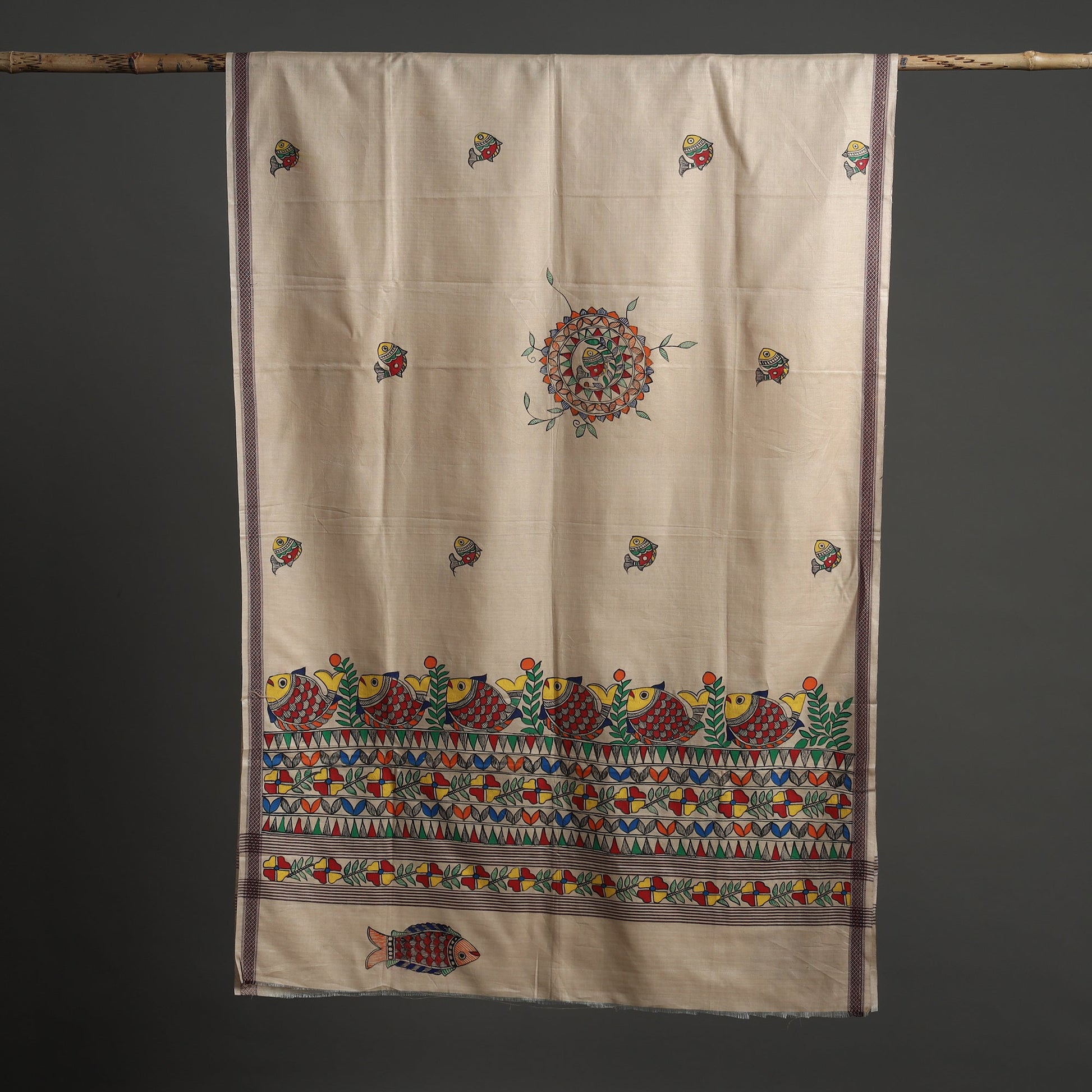 Beige - Madhubani Handpainted Tussar Cotton Handloom  Dupatta 05