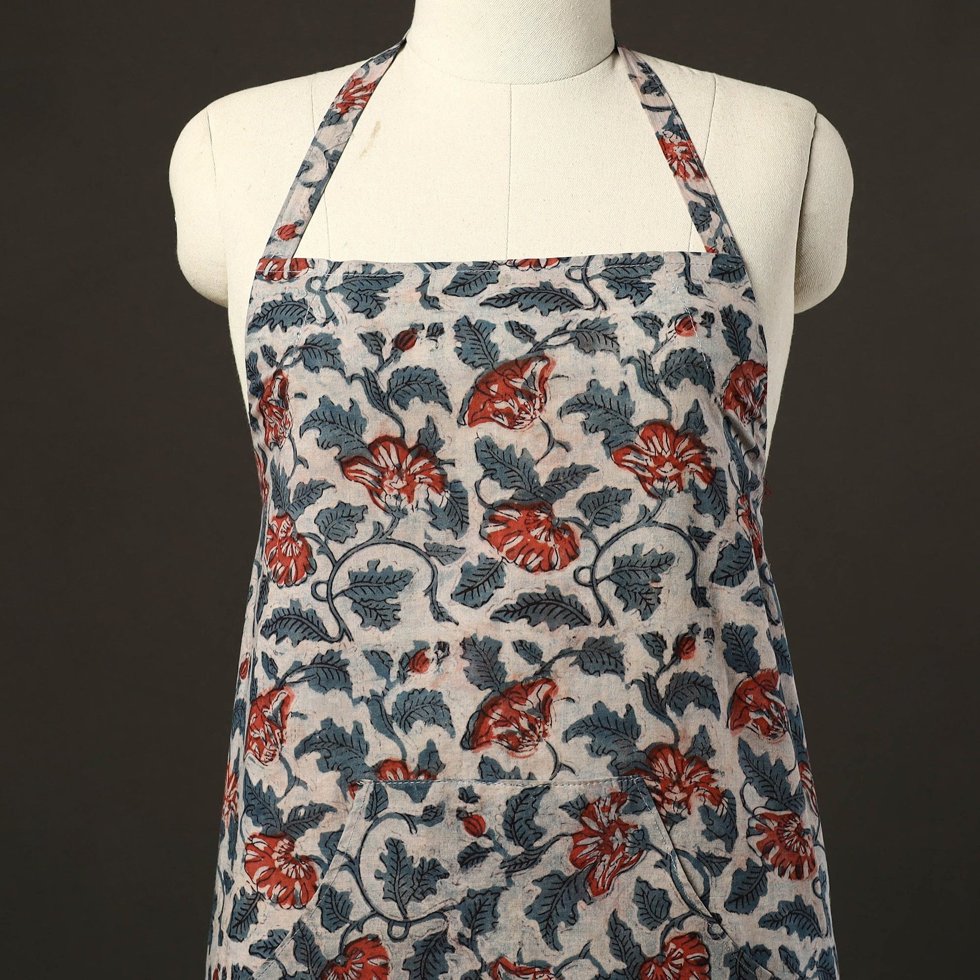 Beige - Bagru Block Print Cotton Apron with Pocket 21