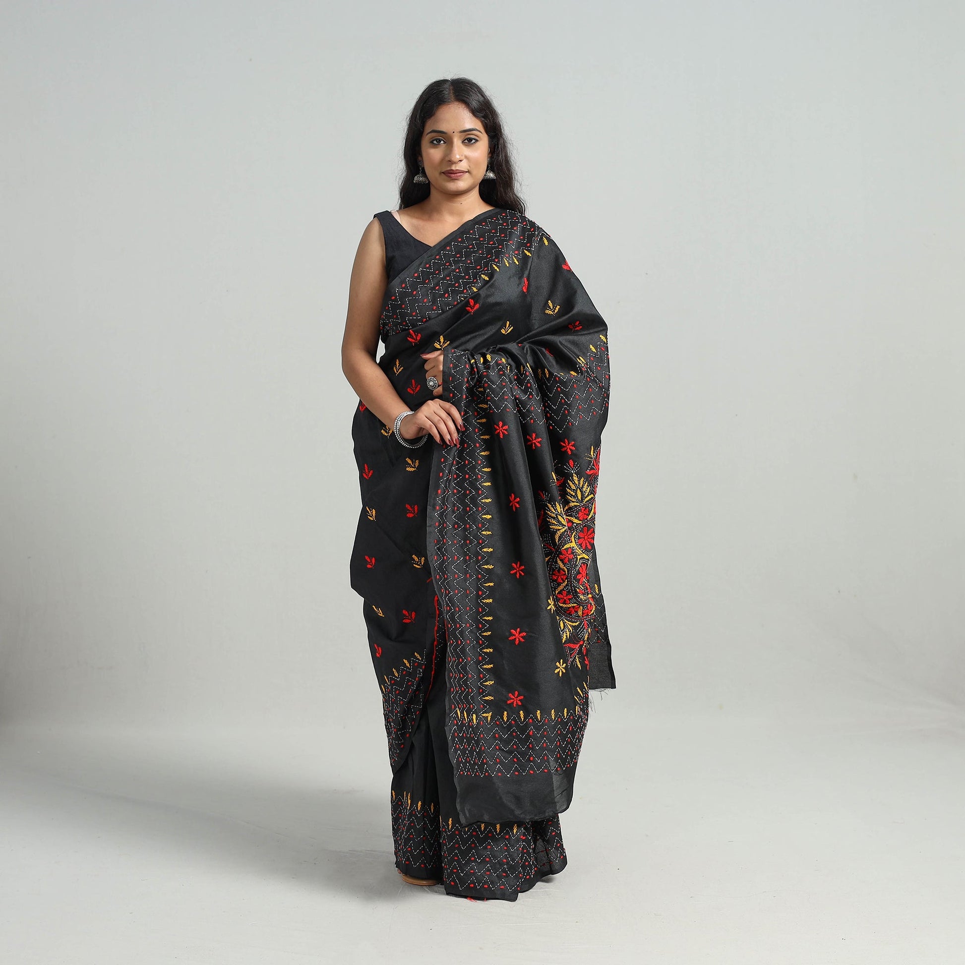 Black - Bengal Nakshi Kantha Embroidery Silk Saree 42