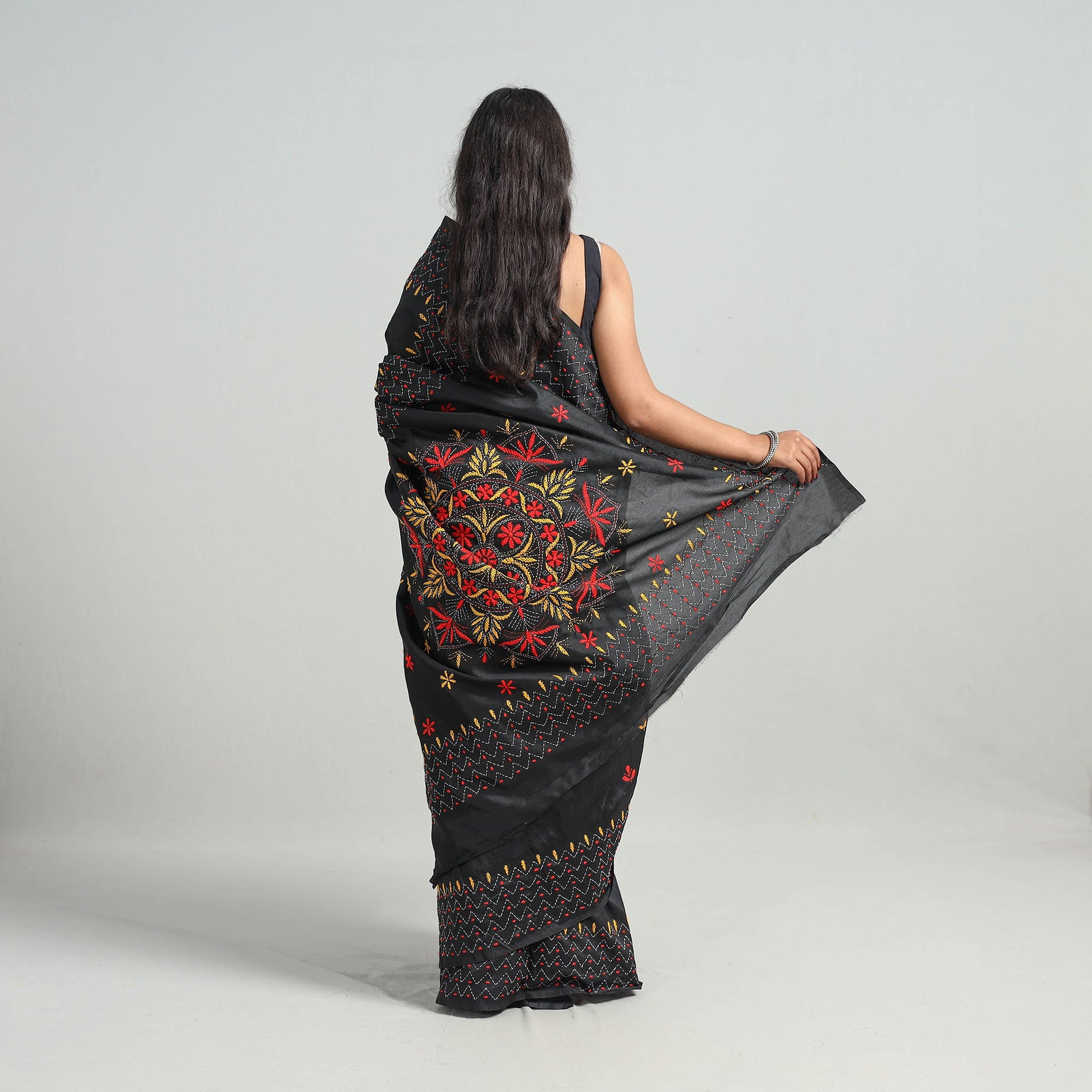 Black - Bengal Nakshi Kantha Embroidery Silk Saree 42