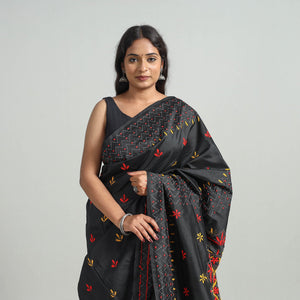 Black - Bengal Nakshi Kantha Embroidery Silk Saree 42