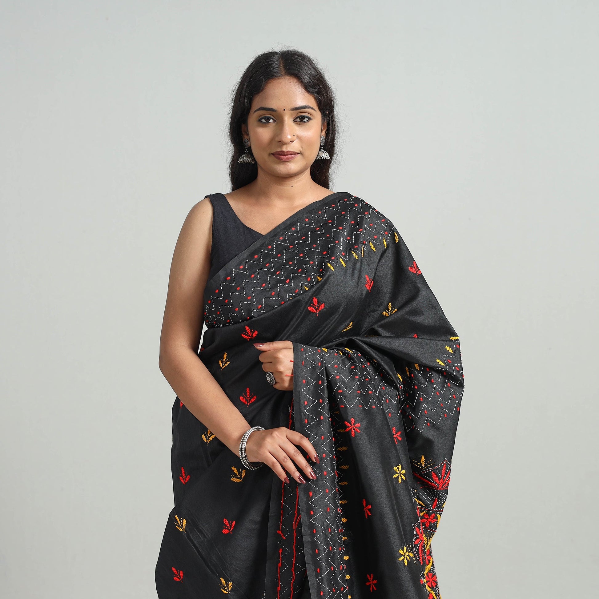 Black - Bengal Nakshi Kantha Embroidery Silk Saree 42