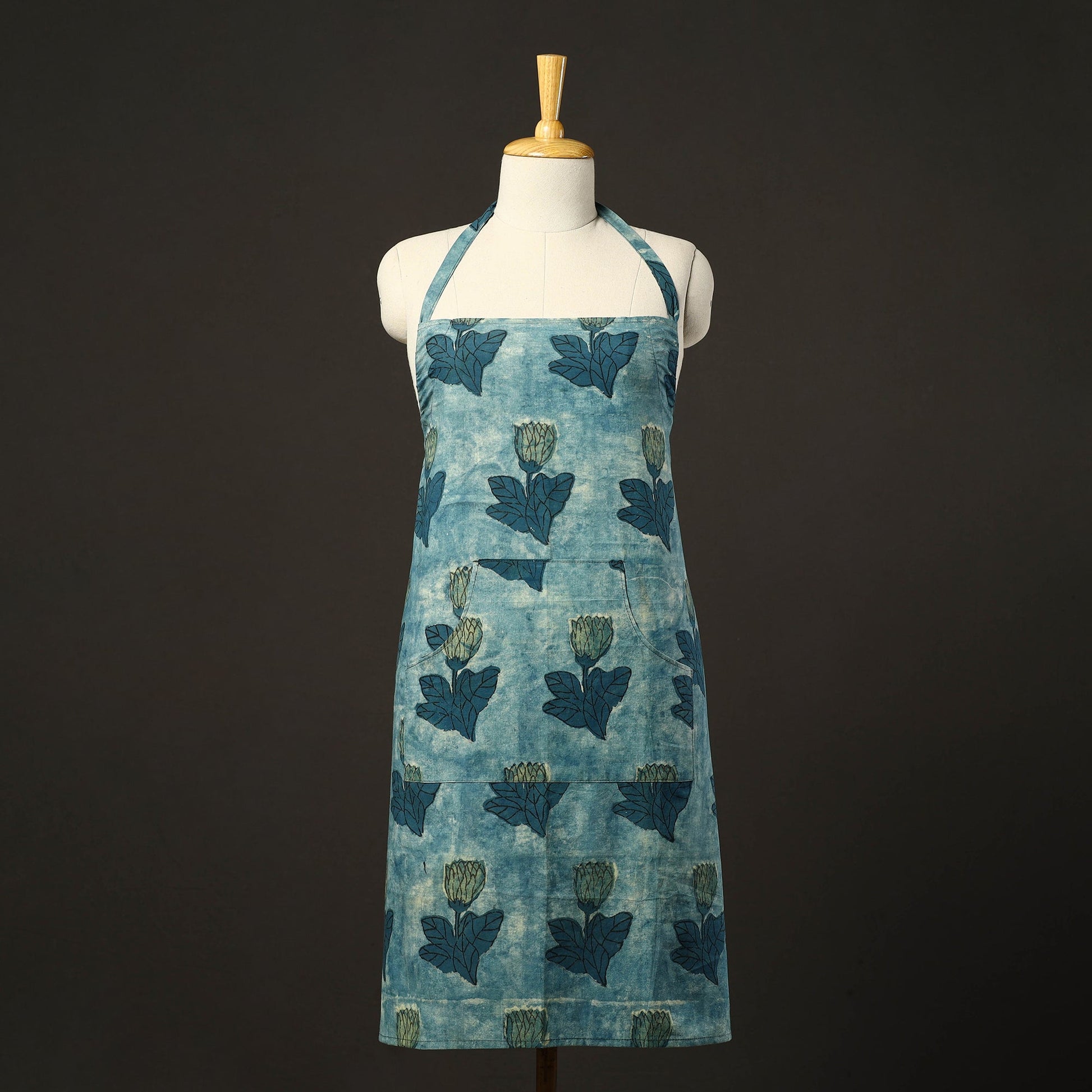 Blue - Bagru Block Print Cotton Apron with Pocket 22