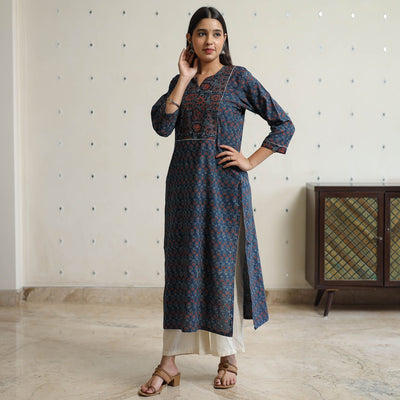 Blue -  Ajrakh Block Printed Cotton Straight Kurta 47