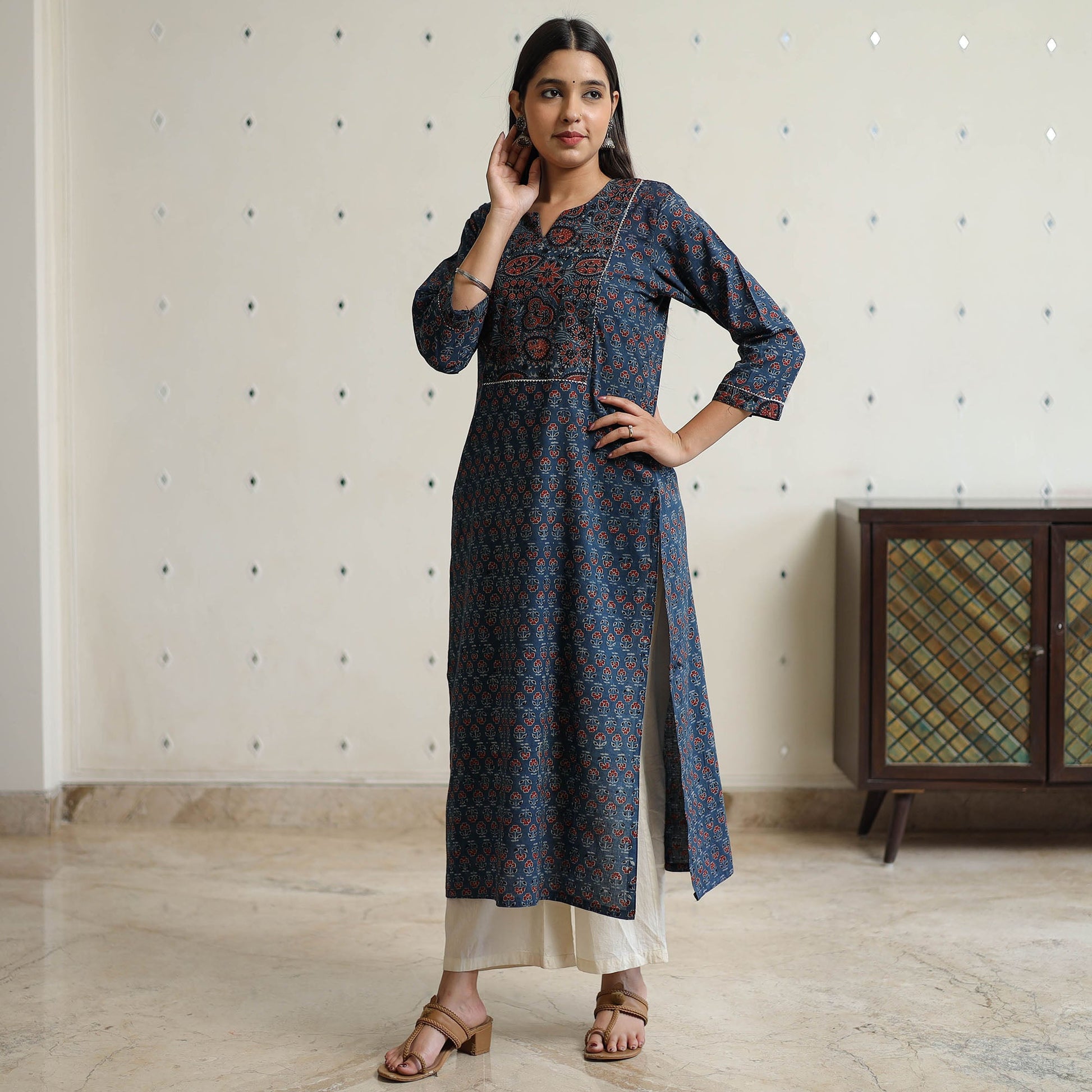 Blue -  Ajrakh Block Printed Cotton Straight Kurta 47
