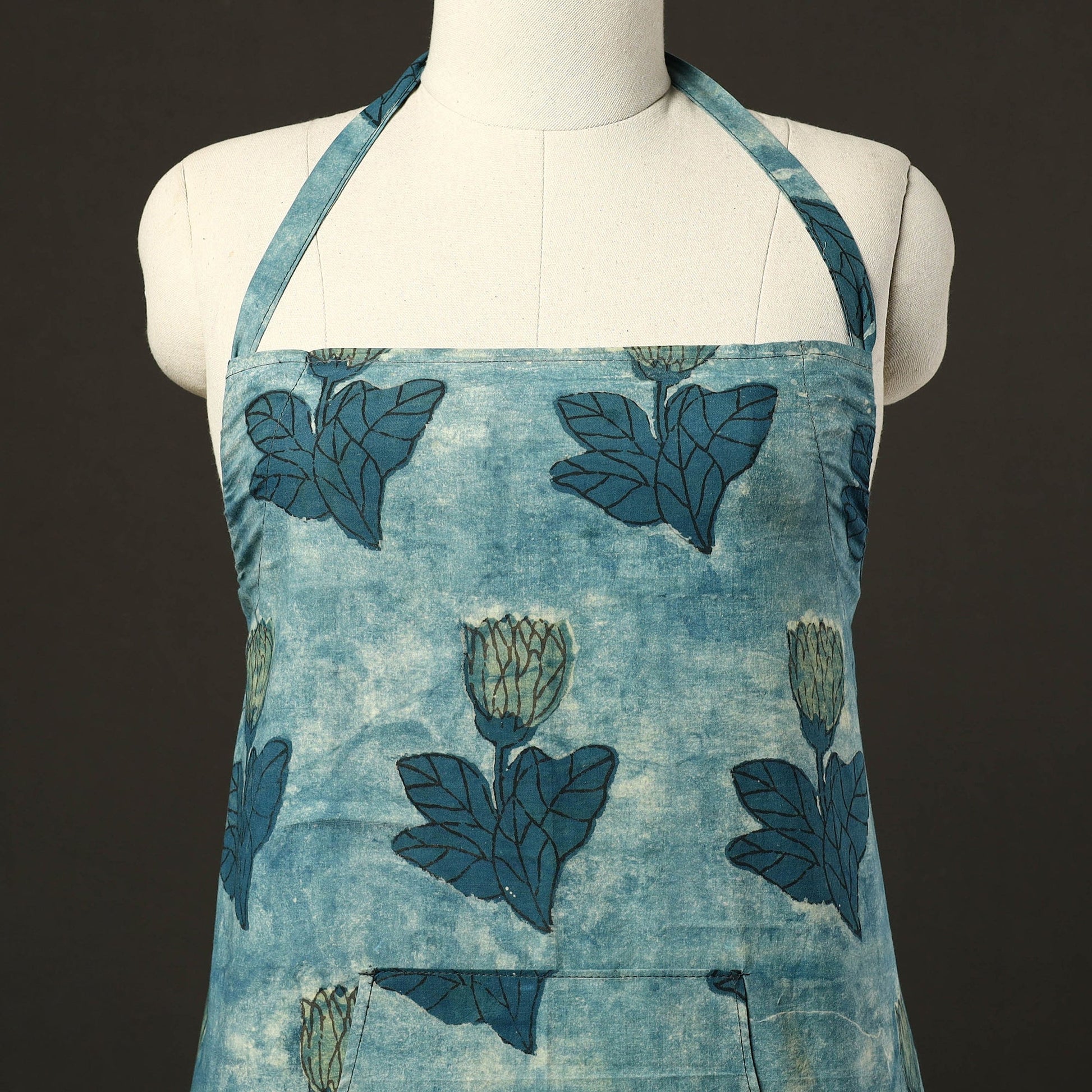 Blue - Bagru Block Print Cotton Apron with Pocket 22