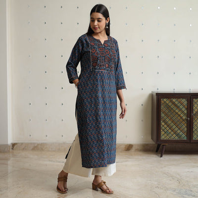 Blue -  Ajrakh Block Printed Cotton Straight Kurta 47