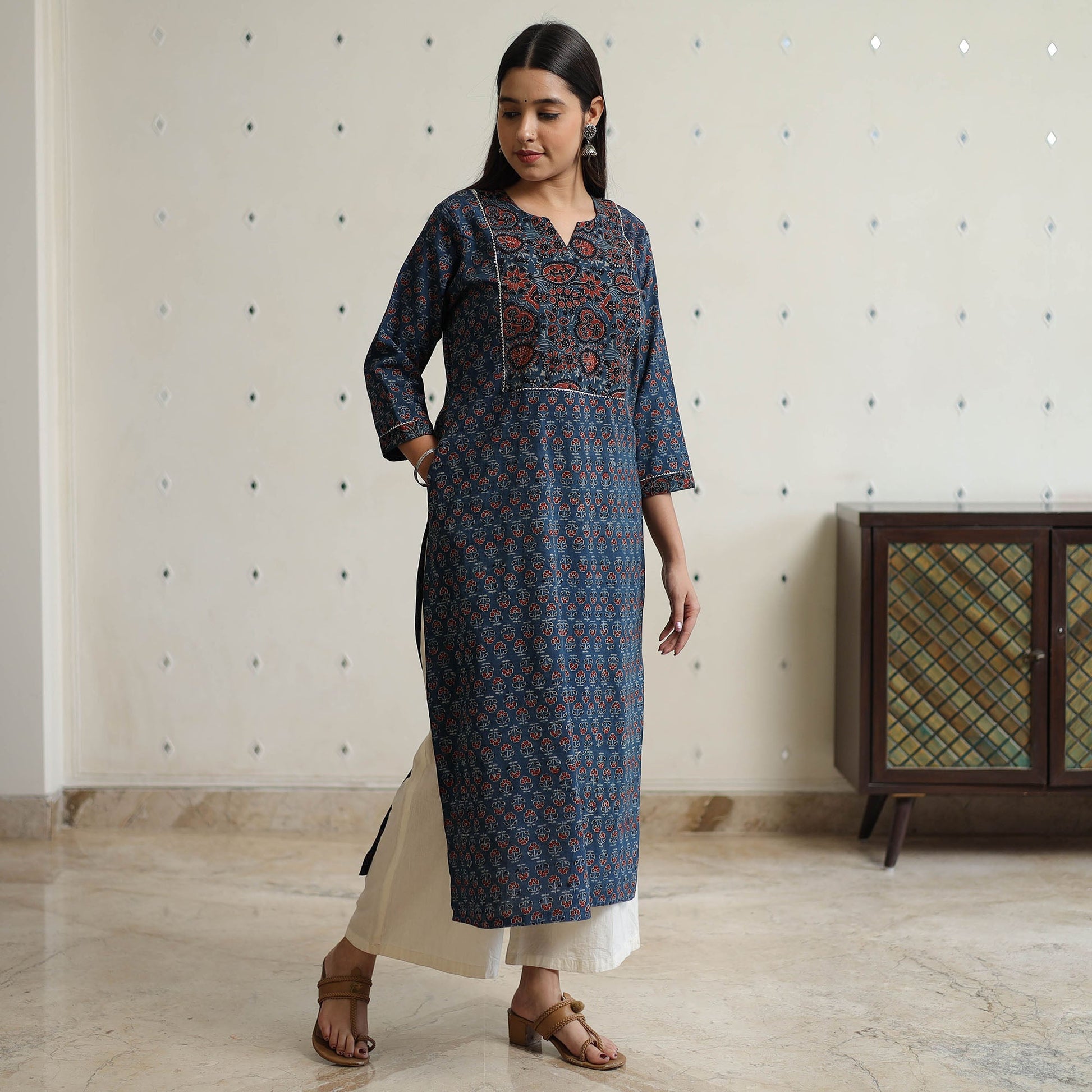 Blue -  Ajrakh Block Printed Cotton Straight Kurta 47