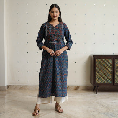 Blue -  Ajrakh Block Printed Cotton Straight Kurta 47
