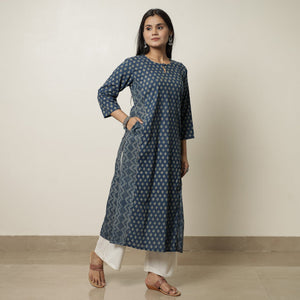 Blue - Akola Hand Block Printed Cotton Straight Kurta 28