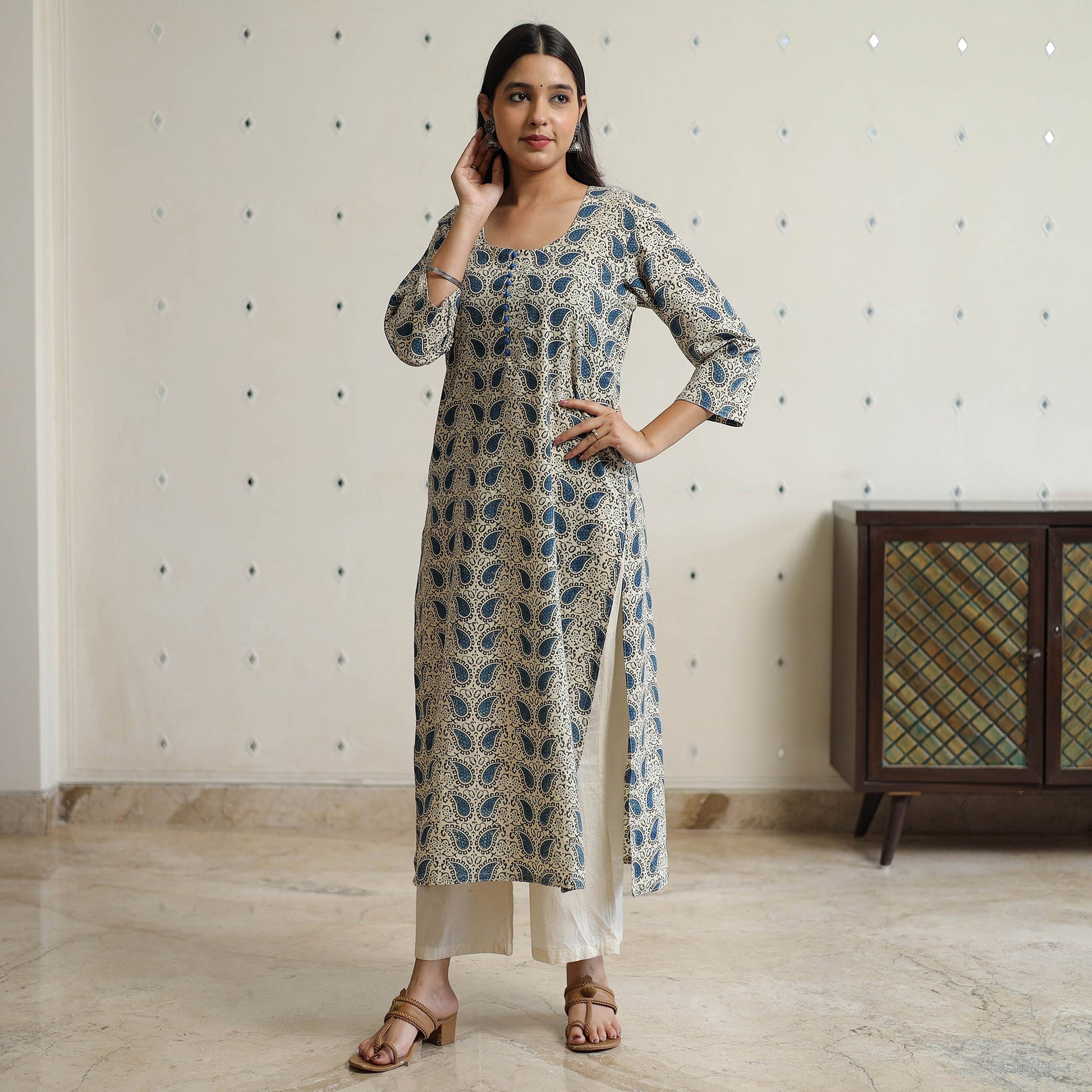Beige - Ajrakh Block Printed Long Straight Kurta 51