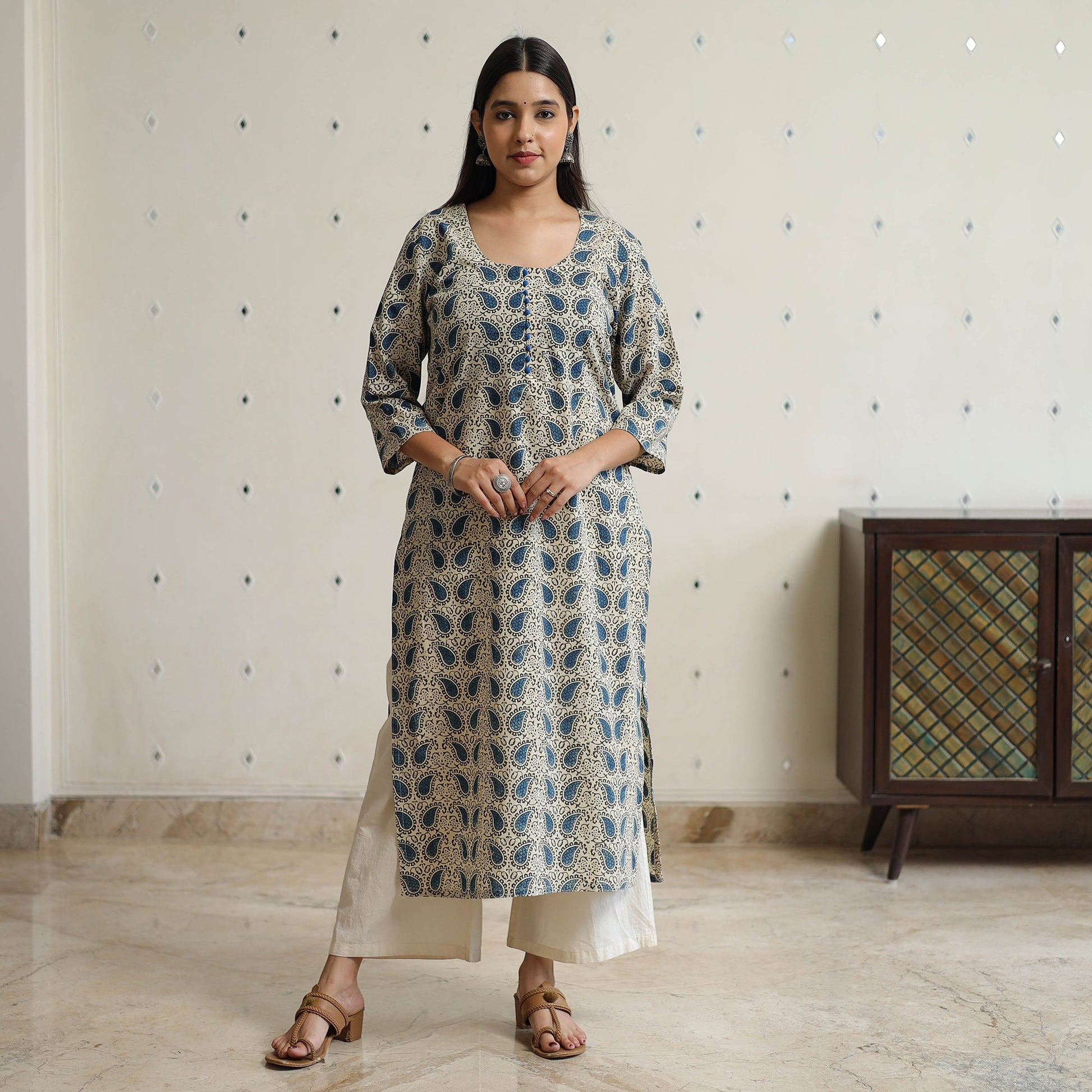Beige - Ajrakh Block Printed Long Straight Kurta 51