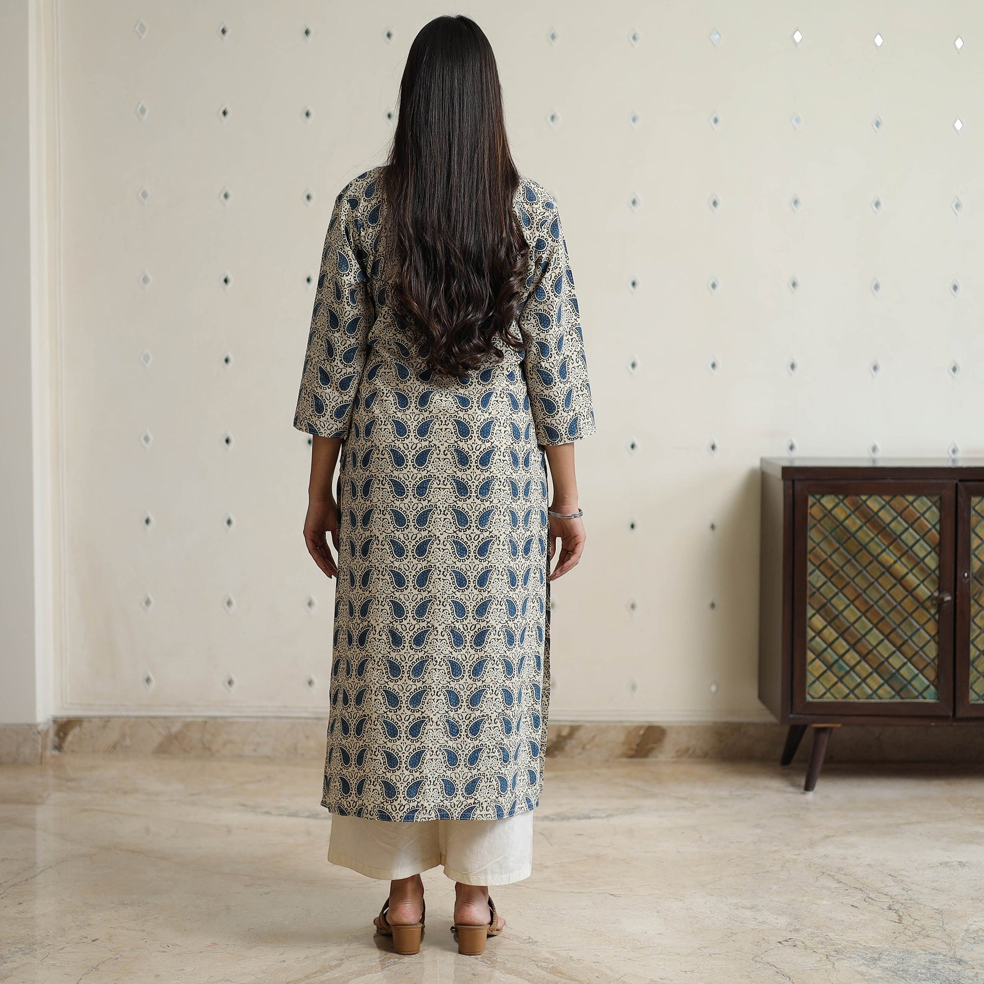 Beige - Ajrakh Block Printed Long Straight Kurta 51