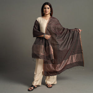 Black - Traditional Chanderi Silk Handloom Zari Buti Dupatta with Tassels 26