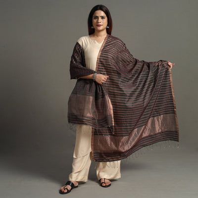 Black - Traditional Chanderi Silk Handloom Zari Buti Dupatta with Tassels 26