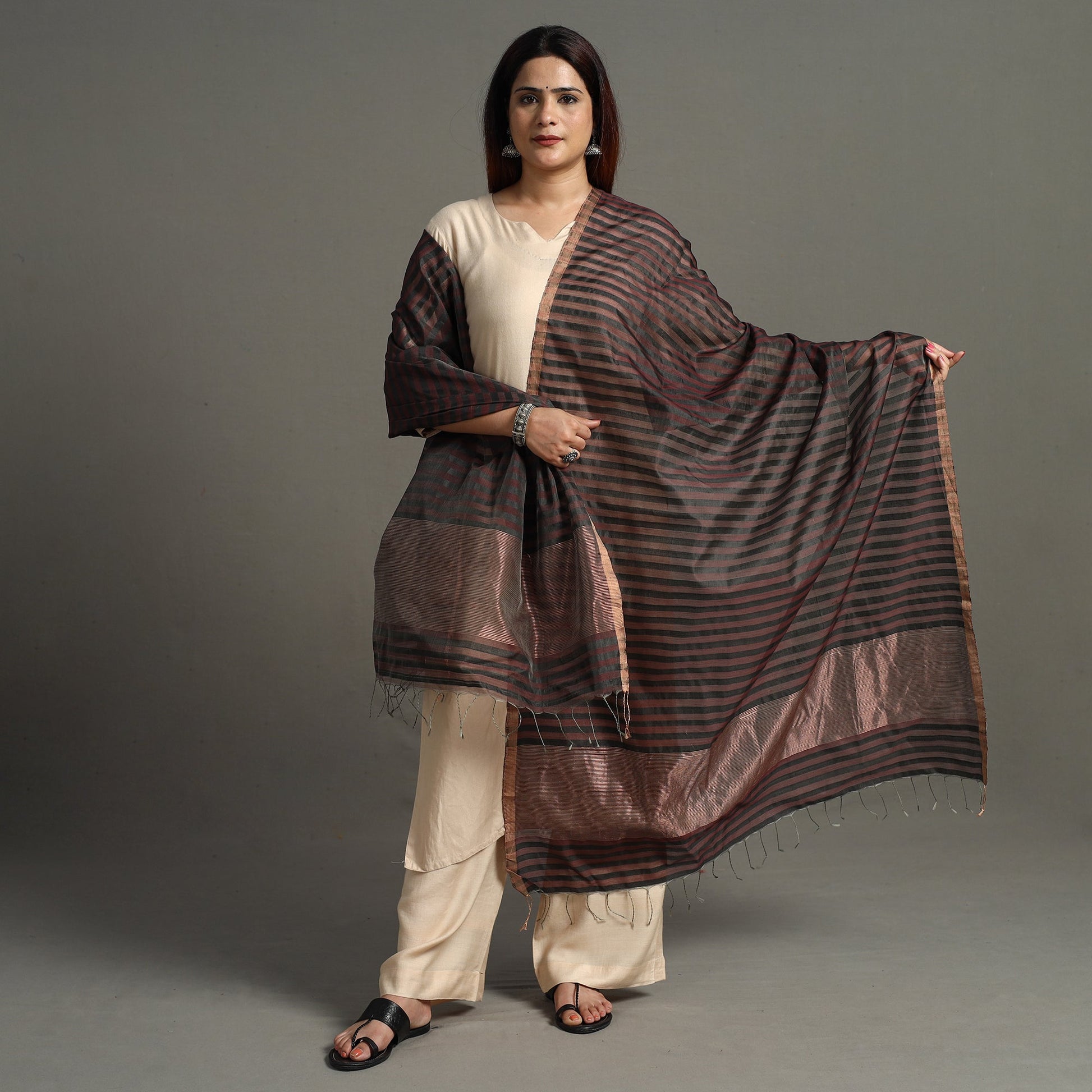 Black - Traditional Chanderi Silk Handloom Zari Buti Dupatta with Tassels 26