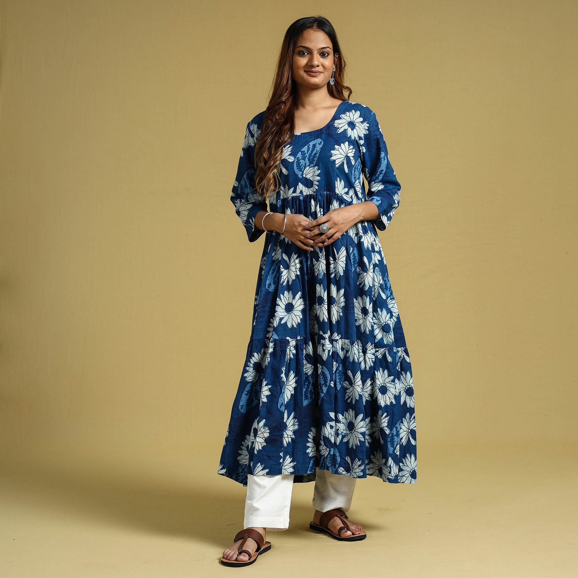 Blue - Dabu Block Printed Cotton Flared Gher Dress