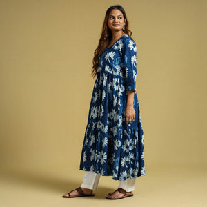 Blue - Dabu Block Printed Cotton Flared Gher Dress