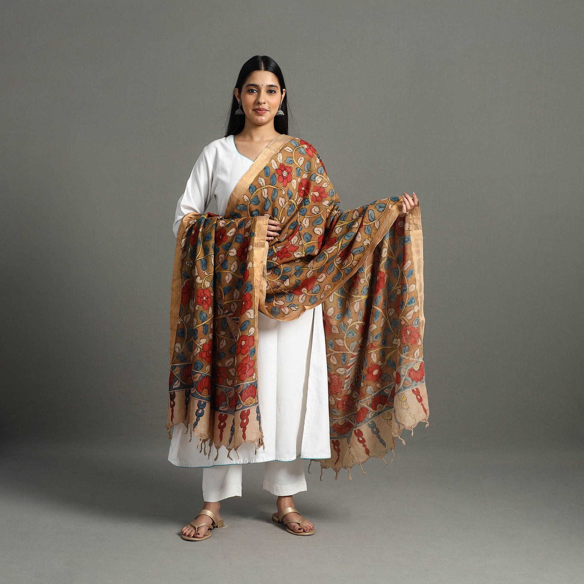 Brown - Chanderi Silk Srikalahasti Pen Kalamkari Dupatta 48