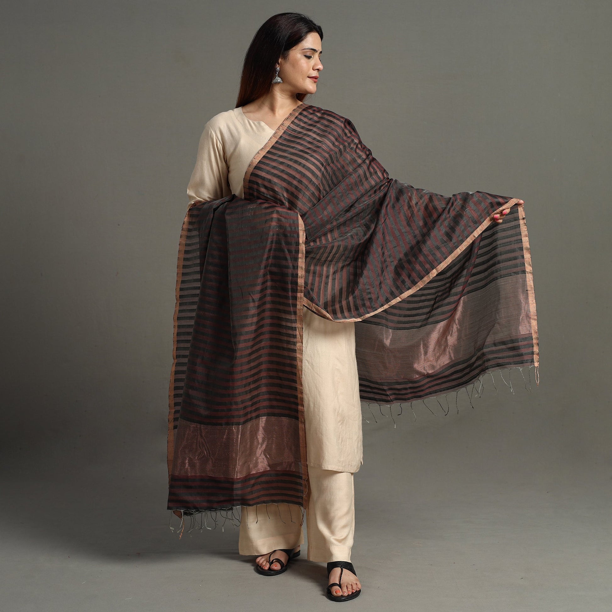Black - Traditional Chanderi Silk Handloom Zari Buti Dupatta with Tassels 26