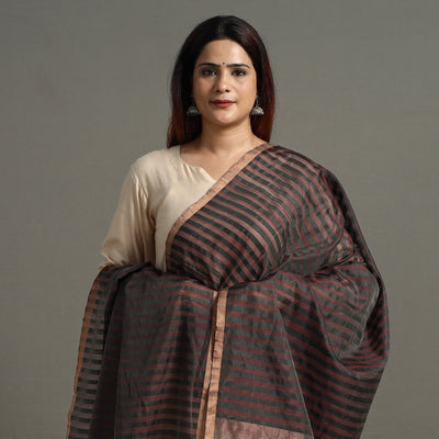 Black - Traditional Chanderi Silk Handloom Zari Buti Dupatta with Tassels 26