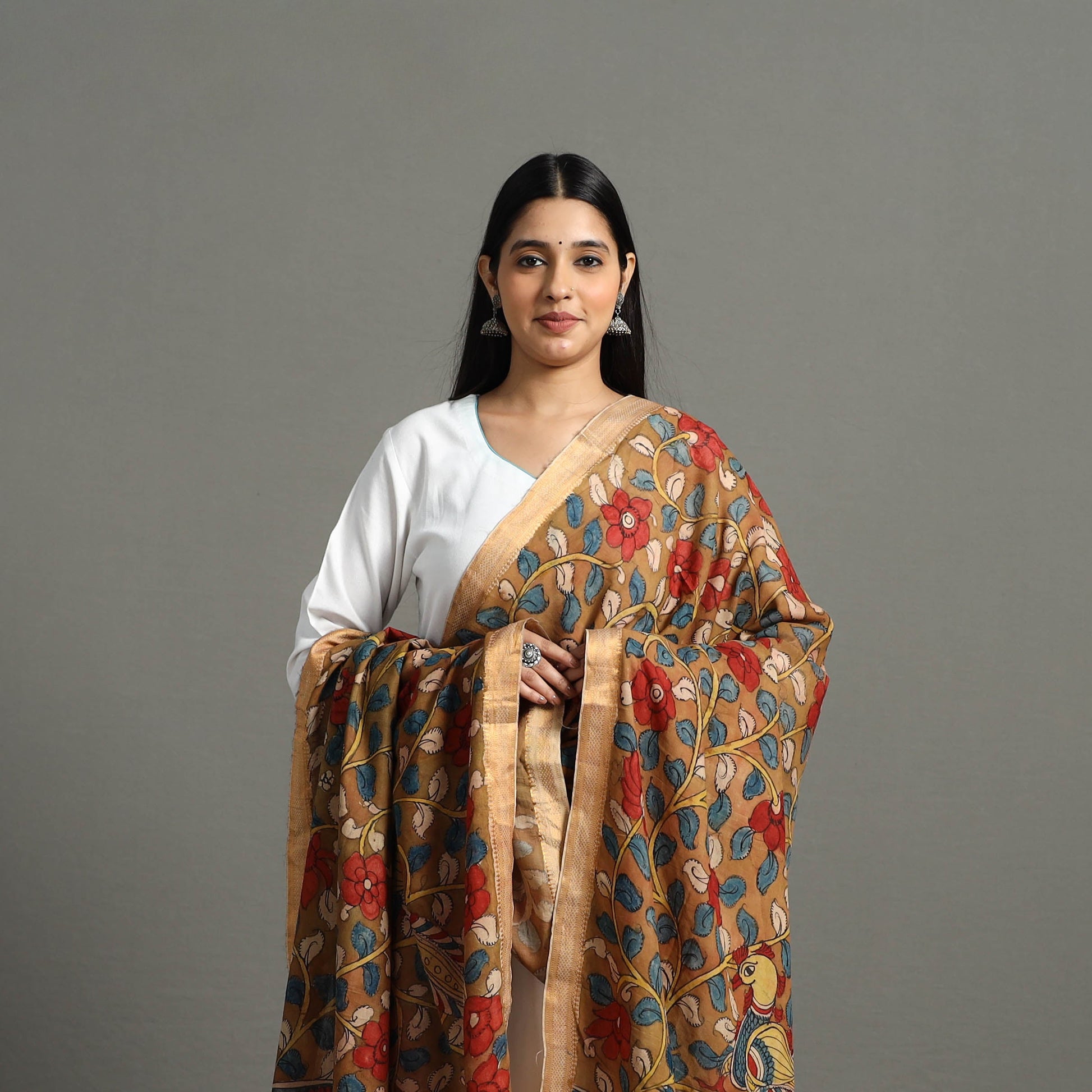 Brown - Chanderi Silk Srikalahasti Pen Kalamkari Dupatta 48