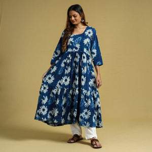 Blue - Dabu Block Printed Cotton Flared Gher Dress