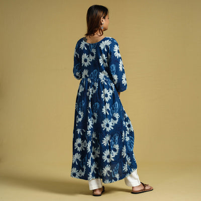 Blue - Dabu Block Printed Cotton Flared Gher Dress
