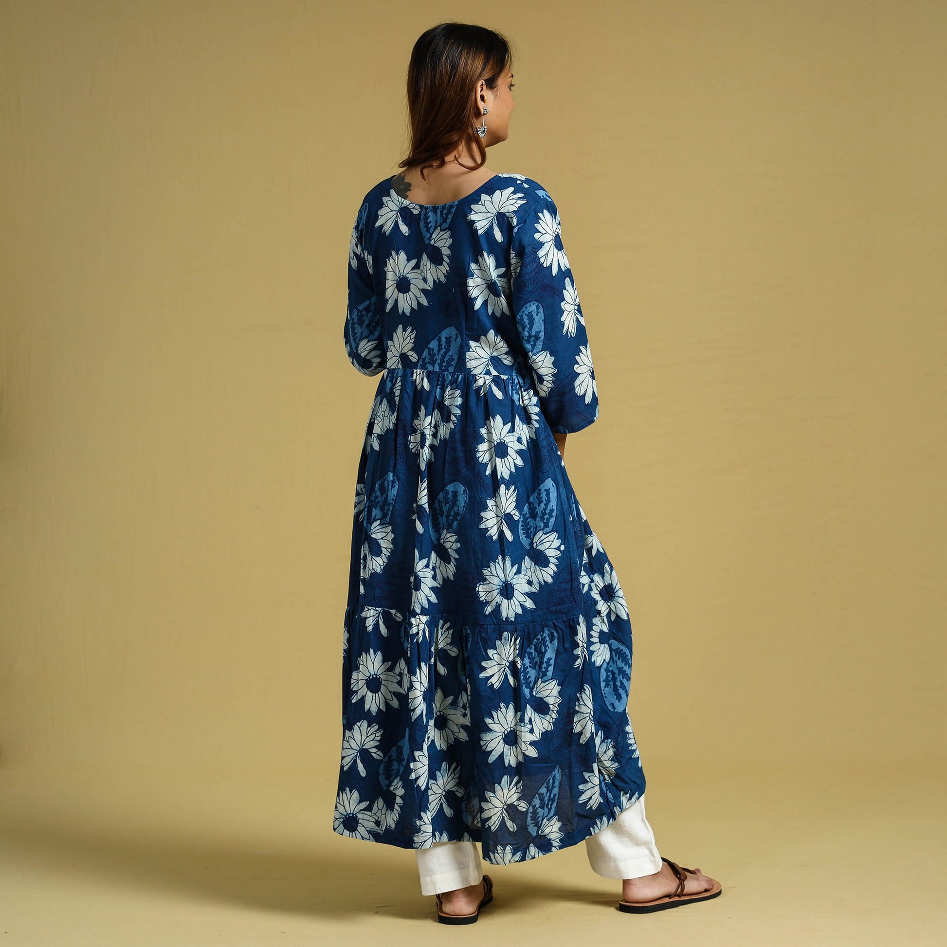 Blue - Dabu Block Printed Cotton Flared Gher Dress