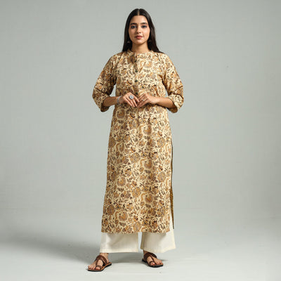 Beige - Pedana Kalamkari Hand Block Printed Cotton Straight Kurta 58