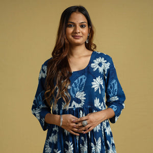 Blue - Dabu Block Printed Cotton Flared Gher Dress