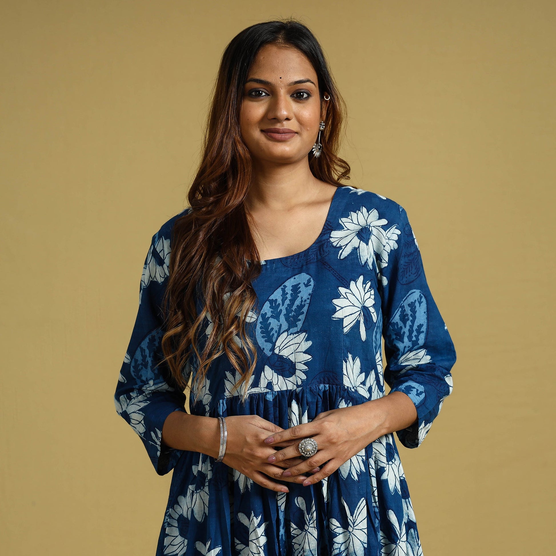 Blue - Dabu Block Printed Cotton Flared Gher Dress