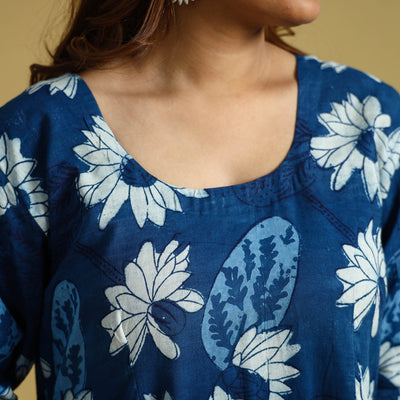 Blue - Dabu Block Printed Cotton Flared Gher Dress