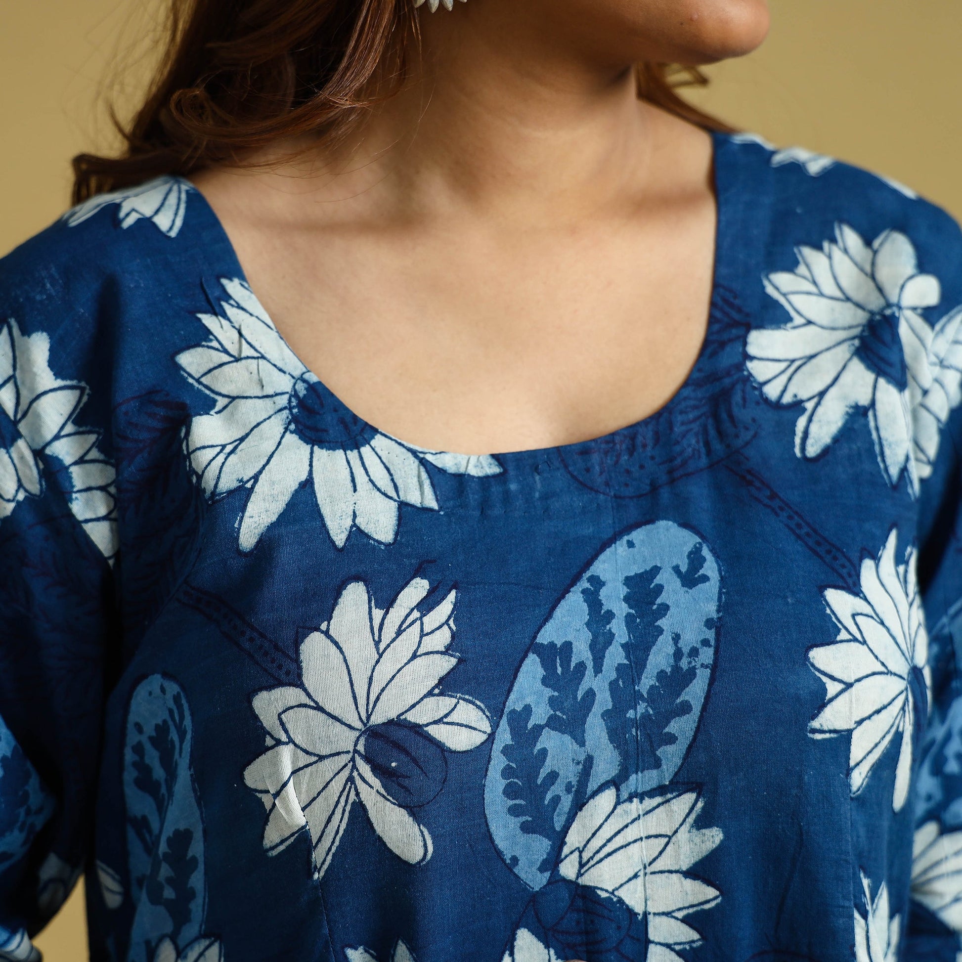 Blue - Dabu Block Printed Cotton Flared Gher Dress