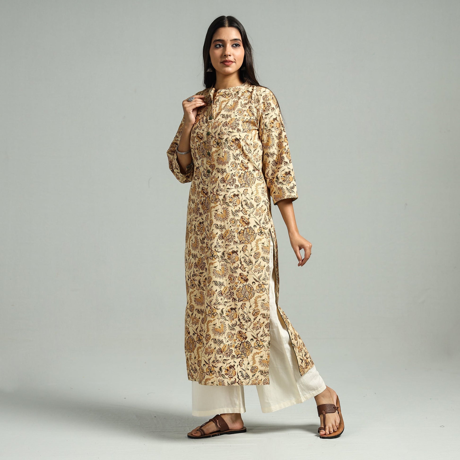 Beige - Pedana Kalamkari Hand Block Printed Cotton Straight Kurta 58