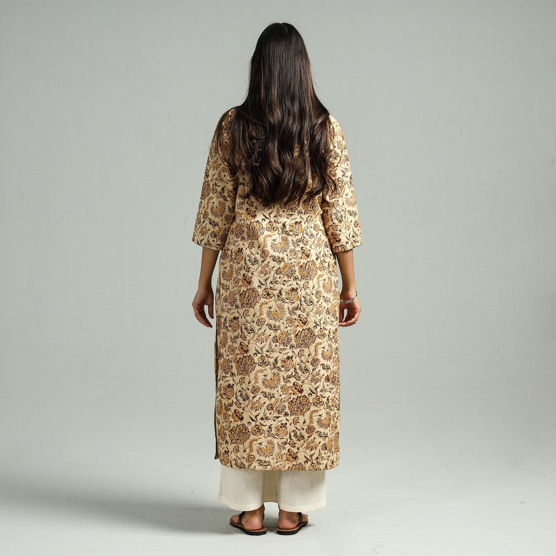 Beige - Pedana Kalamkari Hand Block Printed Cotton Straight Kurta 58