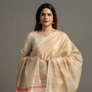 Beige - Traditional Chanderi Silk Handloom Zari Buti Dupatta with Tassels 27