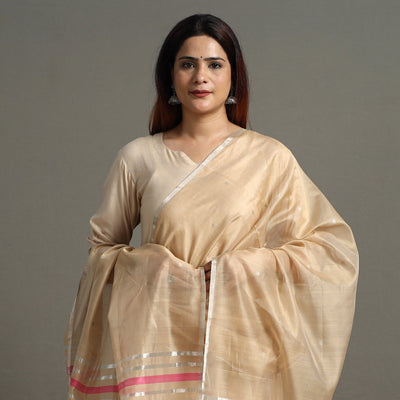 Beige - Traditional Chanderi Silk Handloom Zari Buti Dupatta with Tassels 27