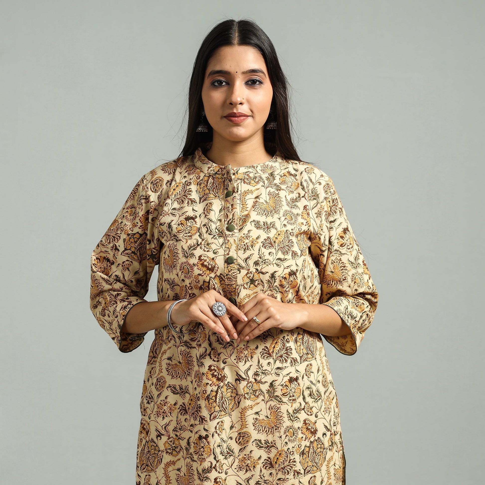 Beige - Pedana Kalamkari Hand Block Printed Cotton Straight Kurta 58