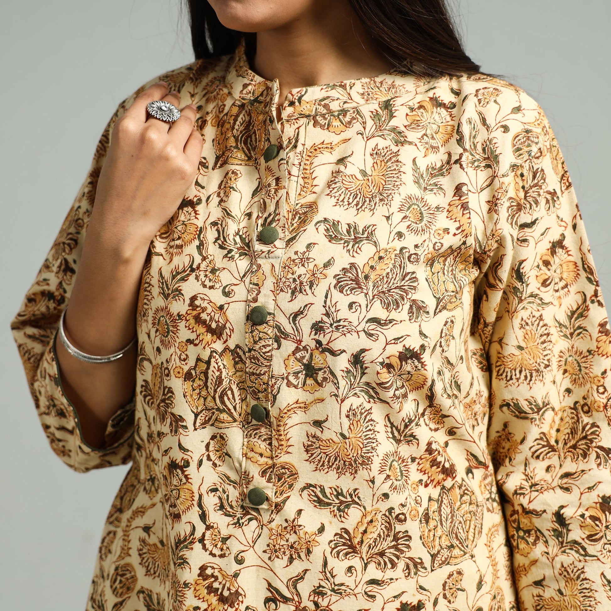 Beige - Pedana Kalamkari Hand Block Printed Cotton Straight Kurta 58
