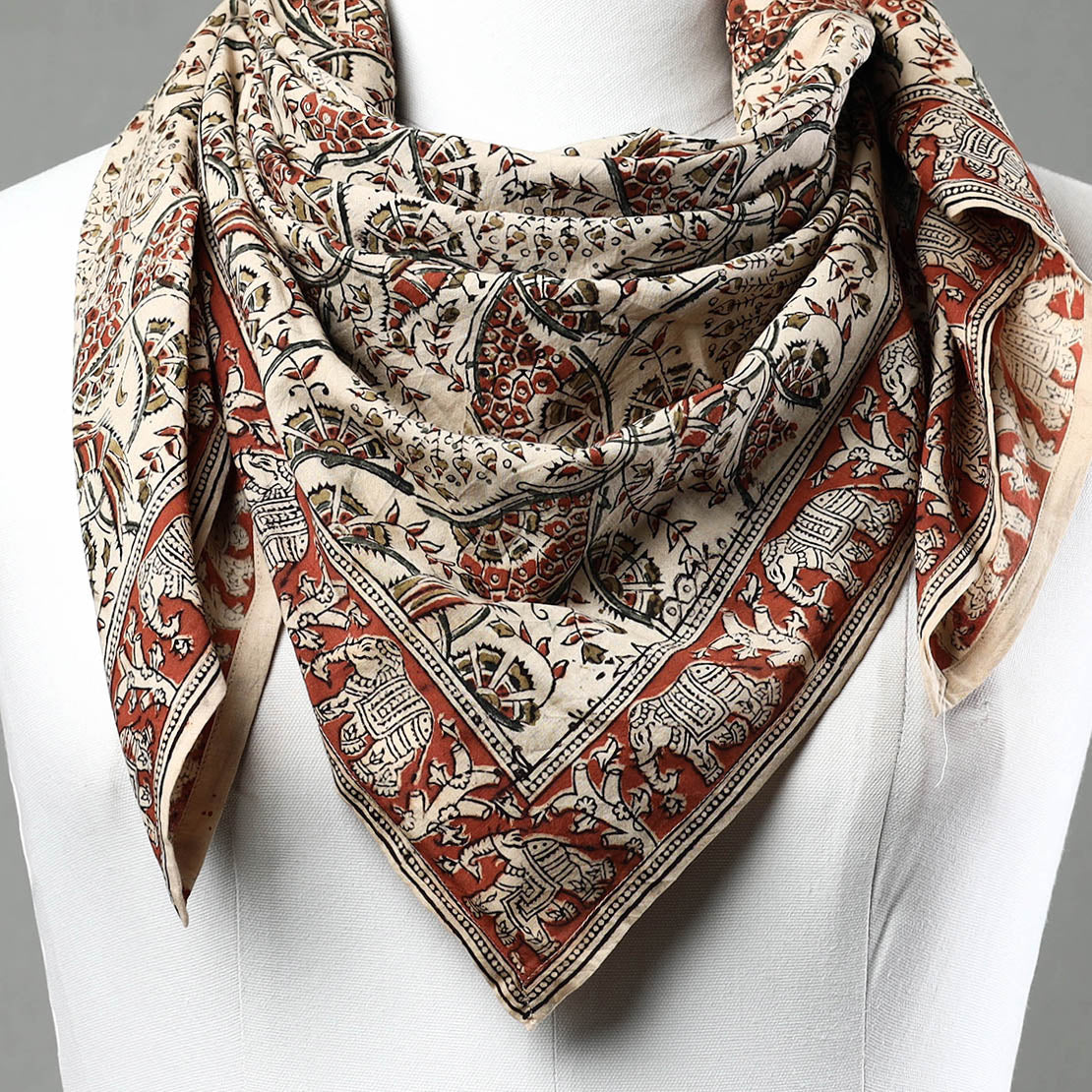 Beige - Pedana Kalamkari Block Printed Natural Dyed Cotton Scarf 89