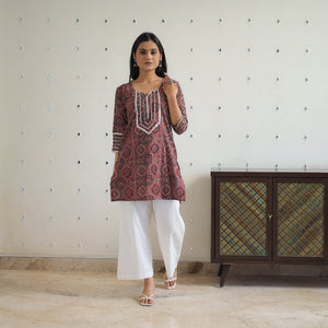Brown - Block Printed Cotton Gota Work Short Ajrakh Kurta 17