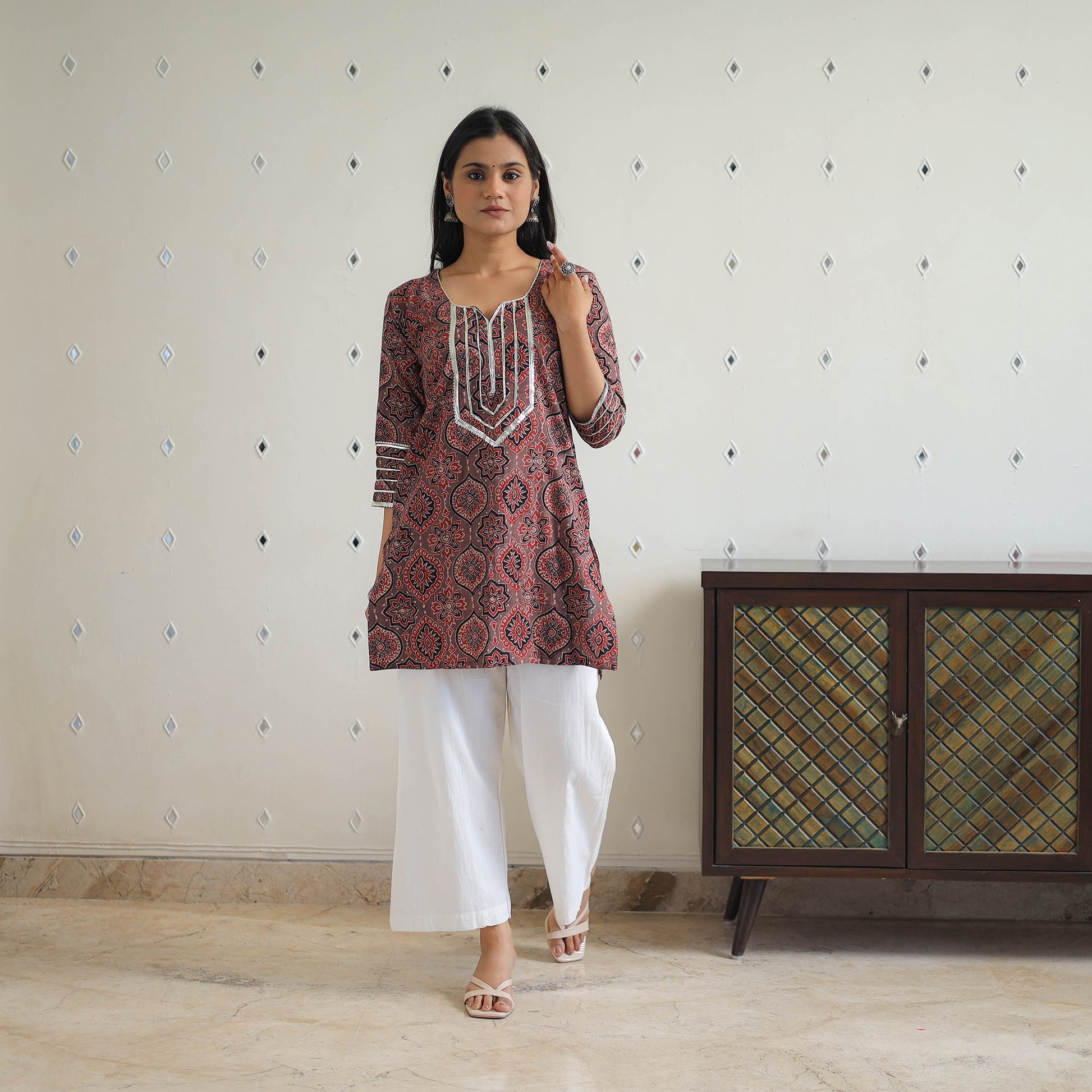 Brown - Block Printed Cotton Gota Work Short Ajrakh Kurta 17