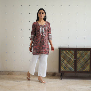 Brown - Block Printed Cotton Gota Work Short Ajrakh Kurta 17