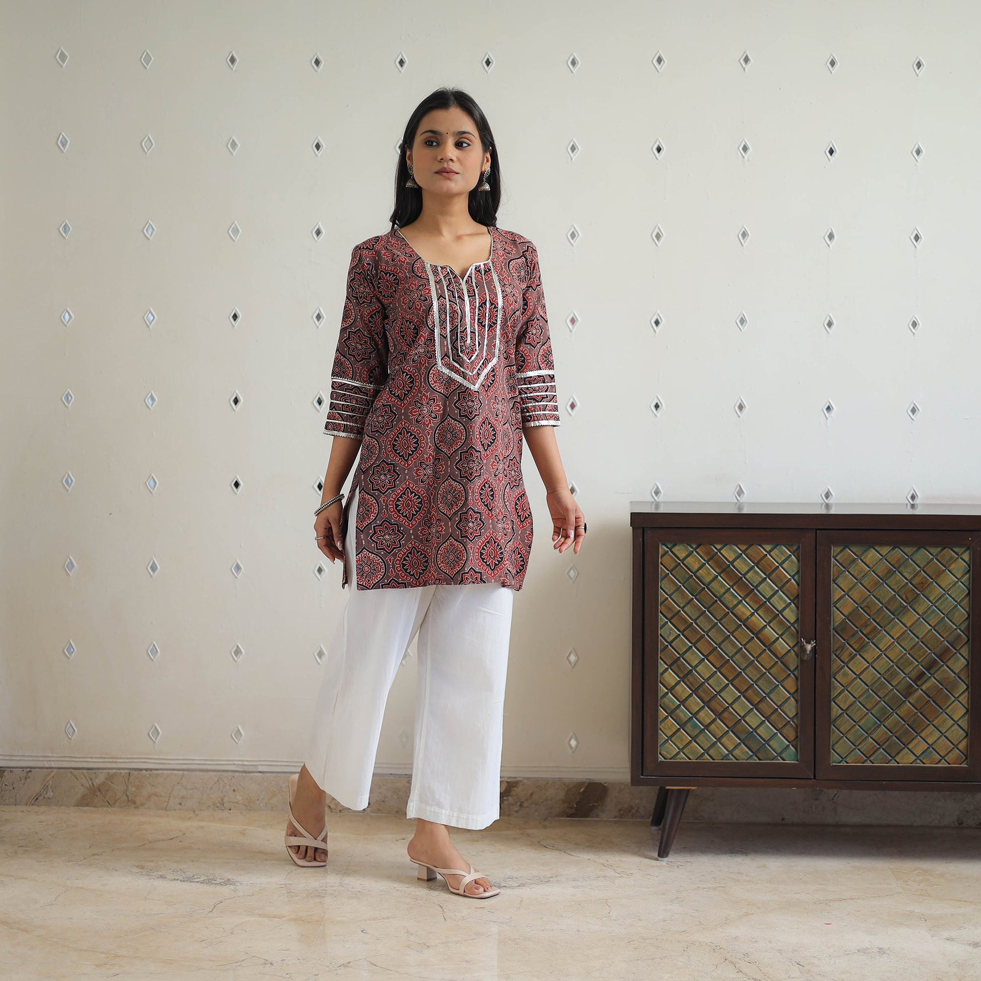 Brown - Block Printed Cotton Gota Work Short Ajrakh Kurta 17